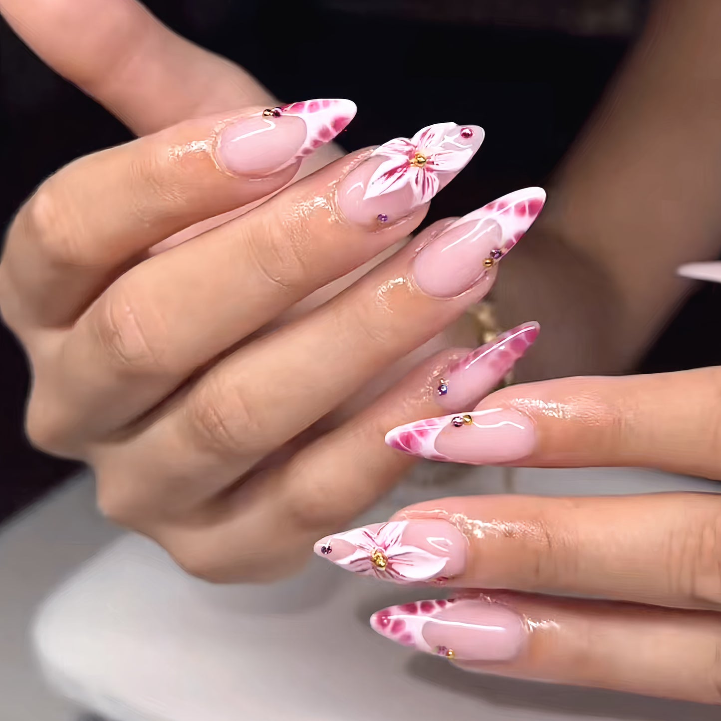 Floral Elegance Long Stiletto Pink with Artistic Floral Design