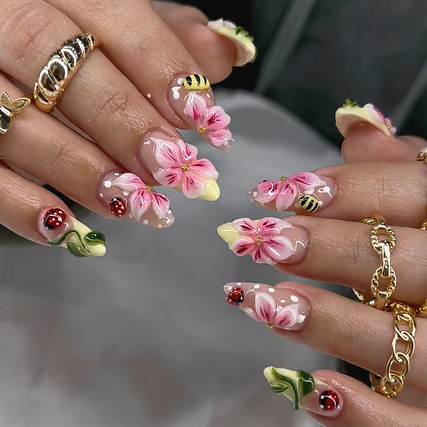 Blossom Dream Medium Almond Pink Floral Press On Nail Set with Charming 3D Decorations
