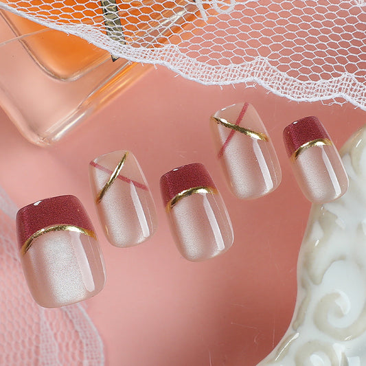 Elegant Rose Short Square Champagne Gold Accent Press On Nail Set