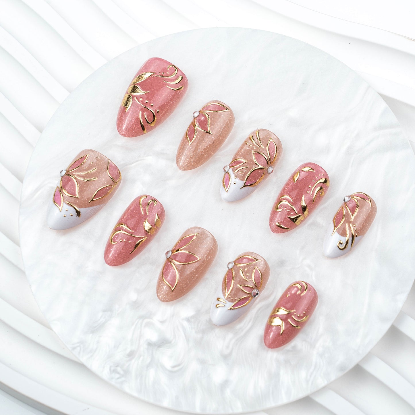 Chic Blossom Medium Almond Pink with Gold Floral Accents Press on Nail Set
