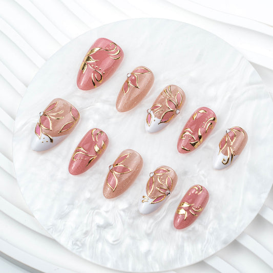 Chic Blossom Medium Almond Pink with Gold Floral Accents Press on Nail Set