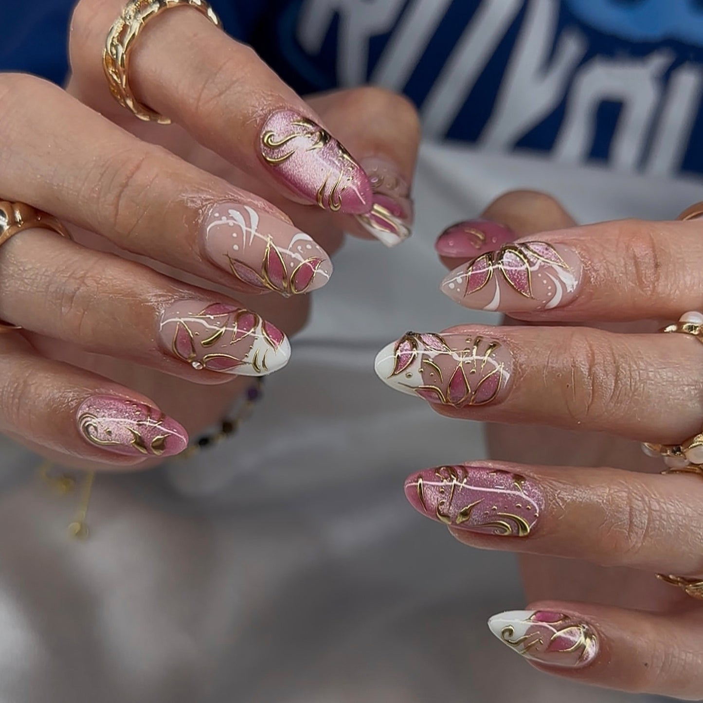 Elegant Floral Medium Almond Pink Gradient with Gold Detailing Press on Nail Set