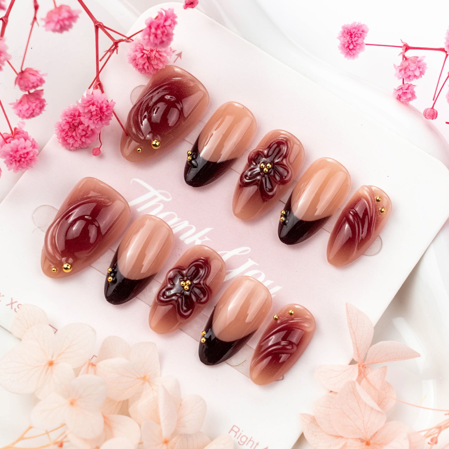 Elegance Unleashed Medium Almond Beige with Floral Accents Press On Nail Set