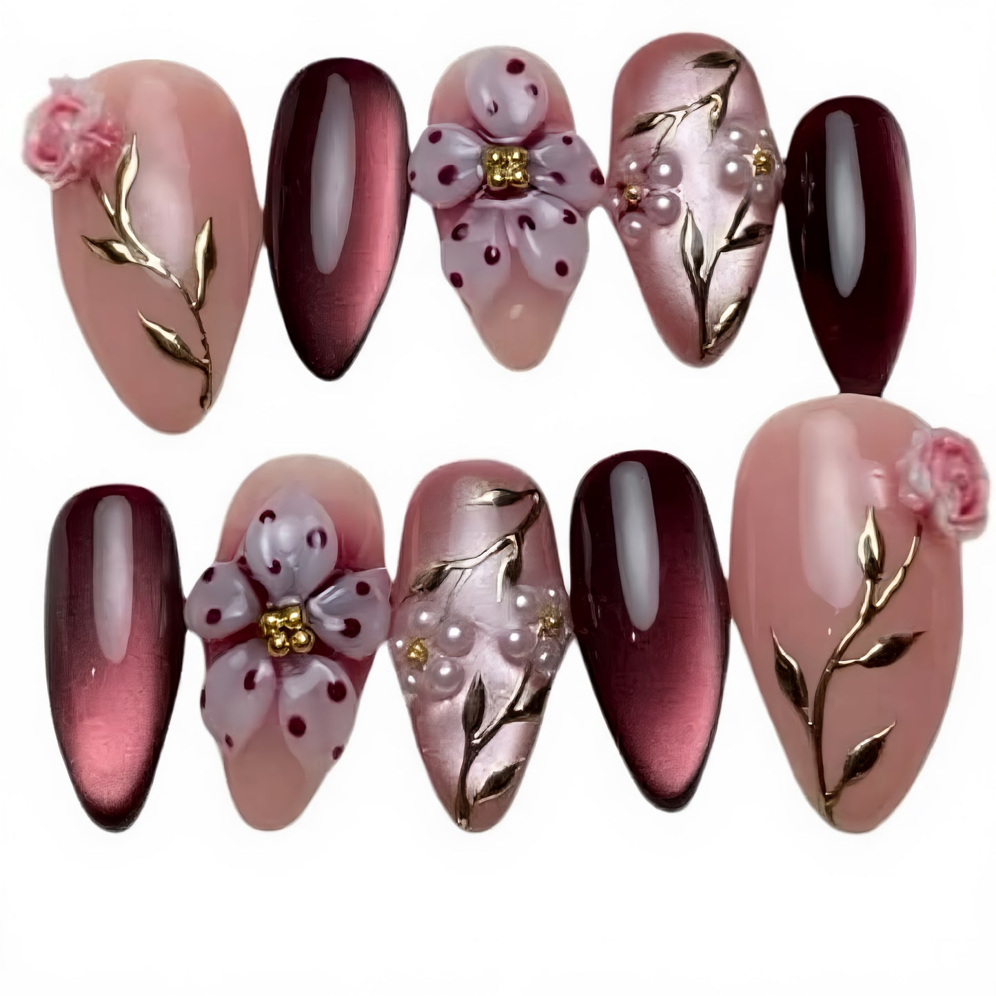 Enchanting Floral Medium Almond Burgundy Set with Delicate Flower Accents