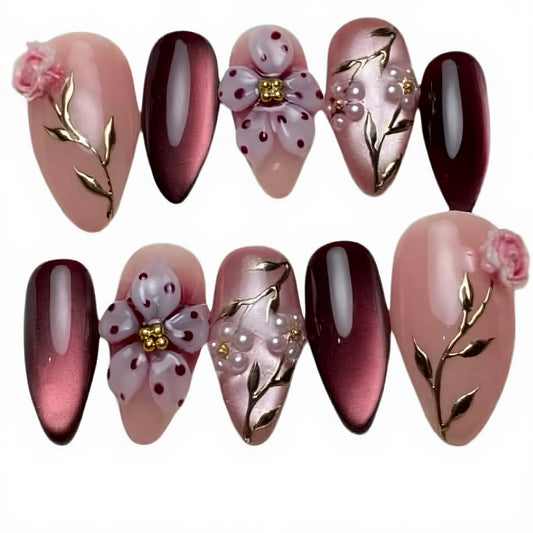 Enchanting Floral Medium Almond Burgundy Set with Delicate Flower Accents