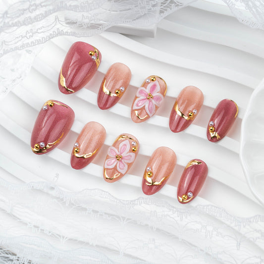 Blossoming Elegance Medium Stiletto Pink Rose Gold Press On Nail Set