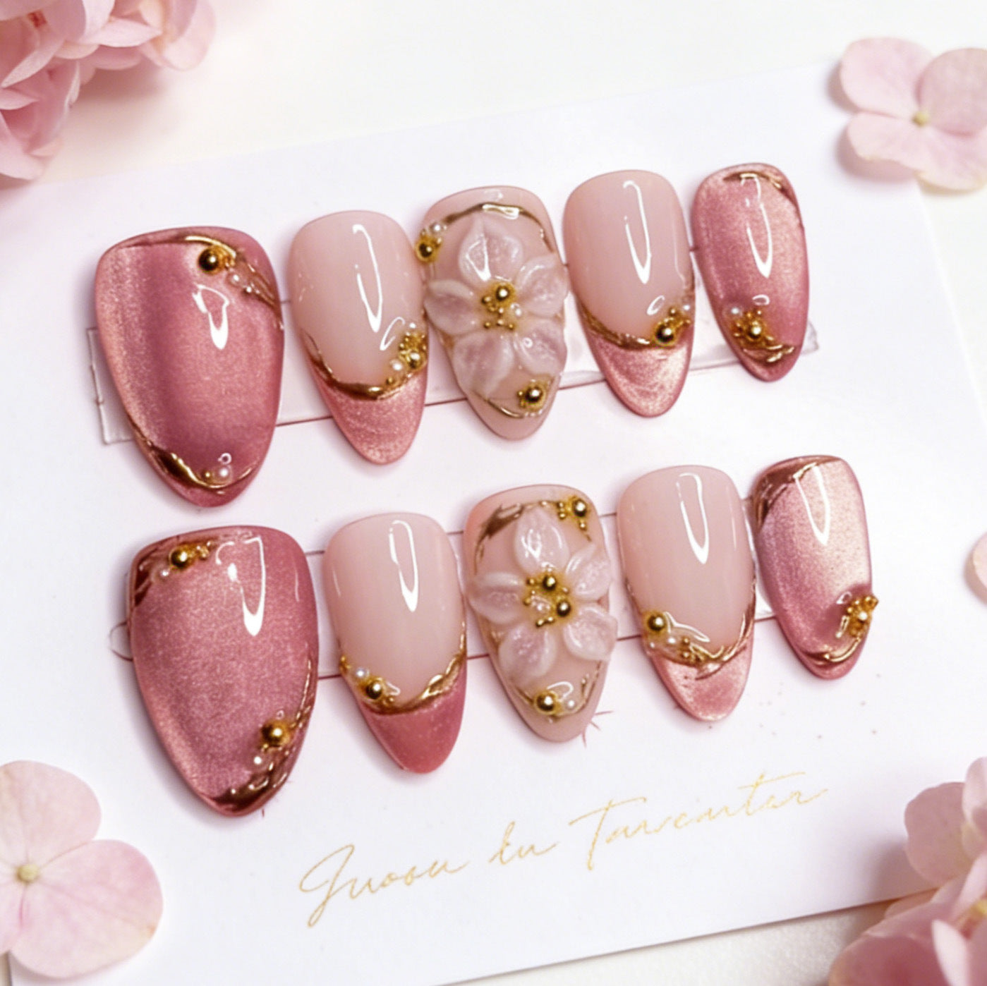 Blossom Elegance Medium Almond Pink Metallic Finish with Floral Accent