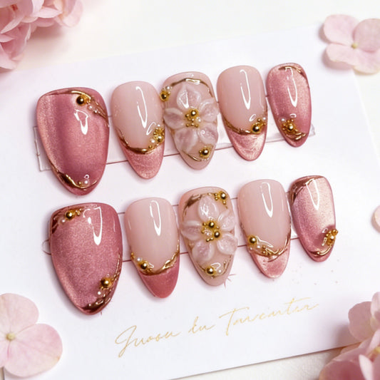 Blossom Elegance Medium Almond Pink Metallic Finish with Floral Accent