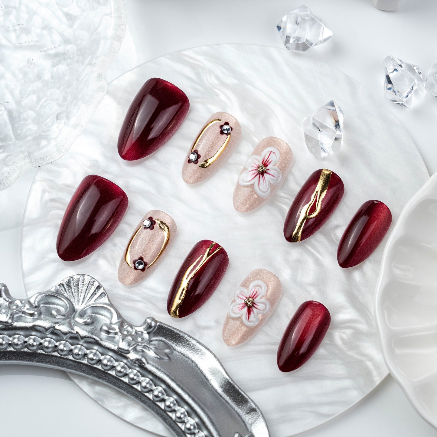 Elegant Blossom Medium Almond Burgundy With Floral Designs Press On Nail Set