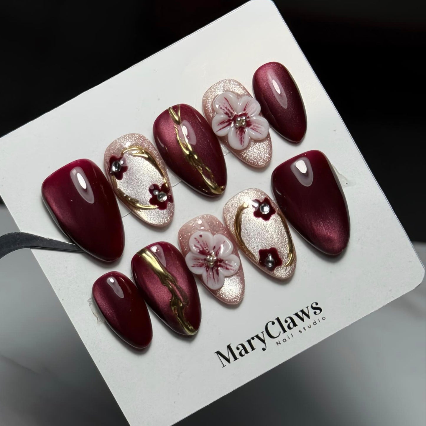 Elegant Blossoms Medium Almond Burgundy Press On Nail Set with Floral Accents