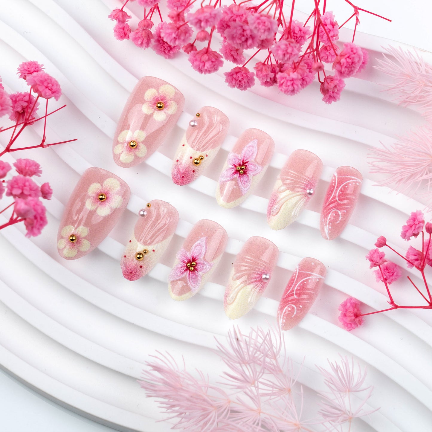 Blush Blossom Medium Almond Soft Pink Floral Press On Nail Set
