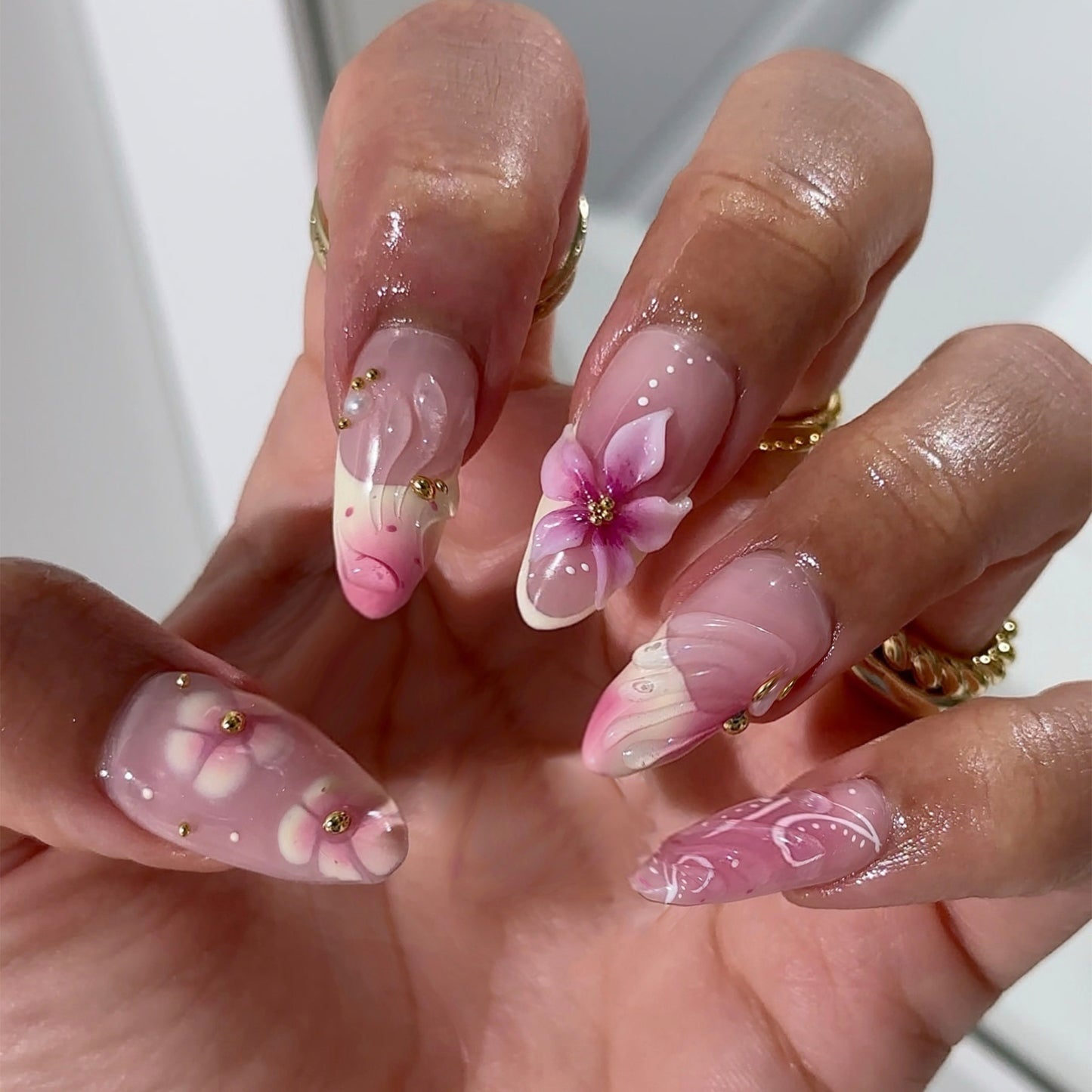 Whimsical Blossom Medium Almond Pink Floral Press On Nail Set with Glitter Accents