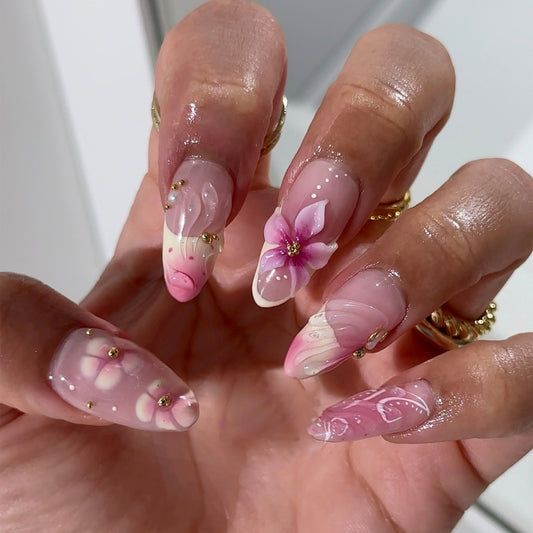 Whimsical Blossom Medium Almond Pink Floral Press On Nail Set with Glitter Accents