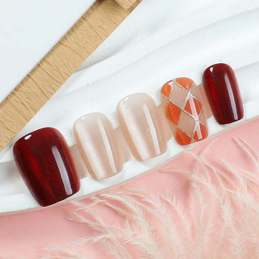 Autumn Elegance Short Square Burgundy Press On Nail Set with Chic Geometric Design