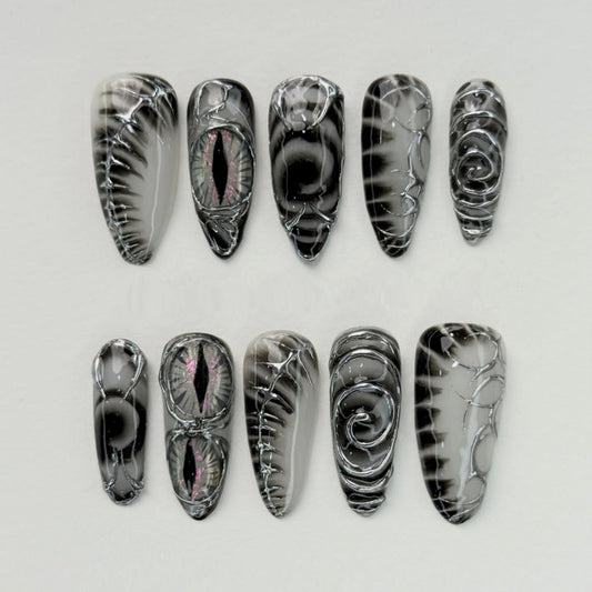 Gothic Glamour Long Stiletto Black and Silver Ombre Textured Press On Nail Set