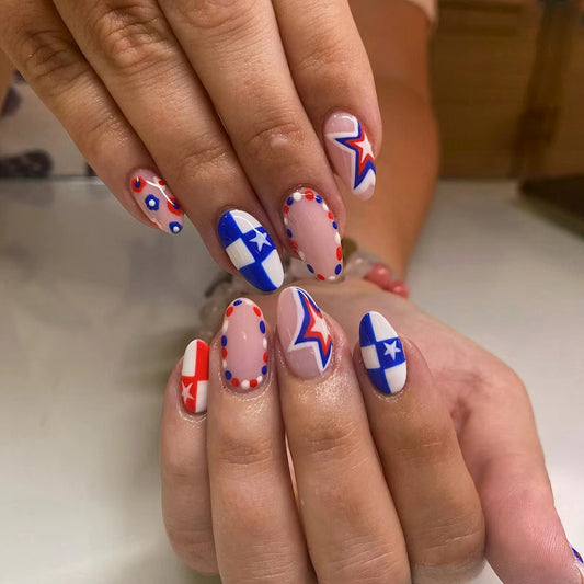 Red White and Blue Short Almond Nail Set with Festive Star and Circle Designs