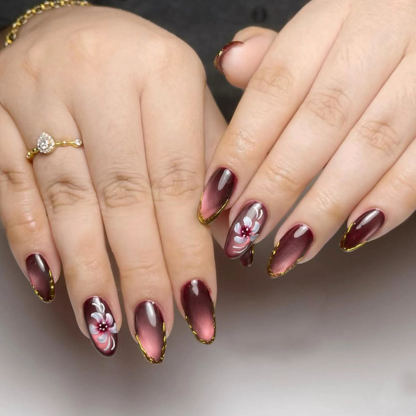Elegant Floral Ombre Medium Almond Burgundy Press On Nail Set with Gold Accents