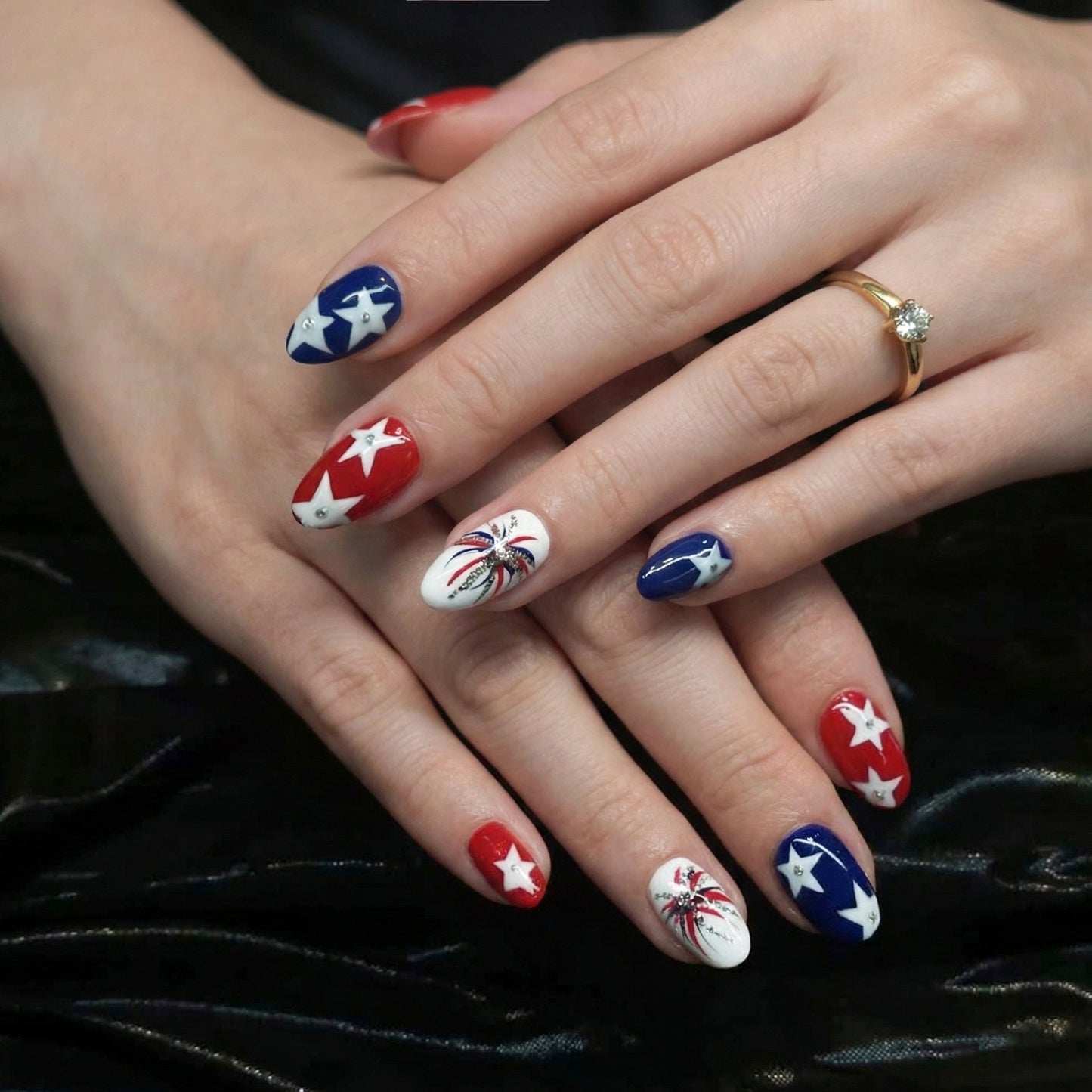 Patriotic Celebration Medium Almond Red White and Blue with Star and Firework Art Press on Nail Set