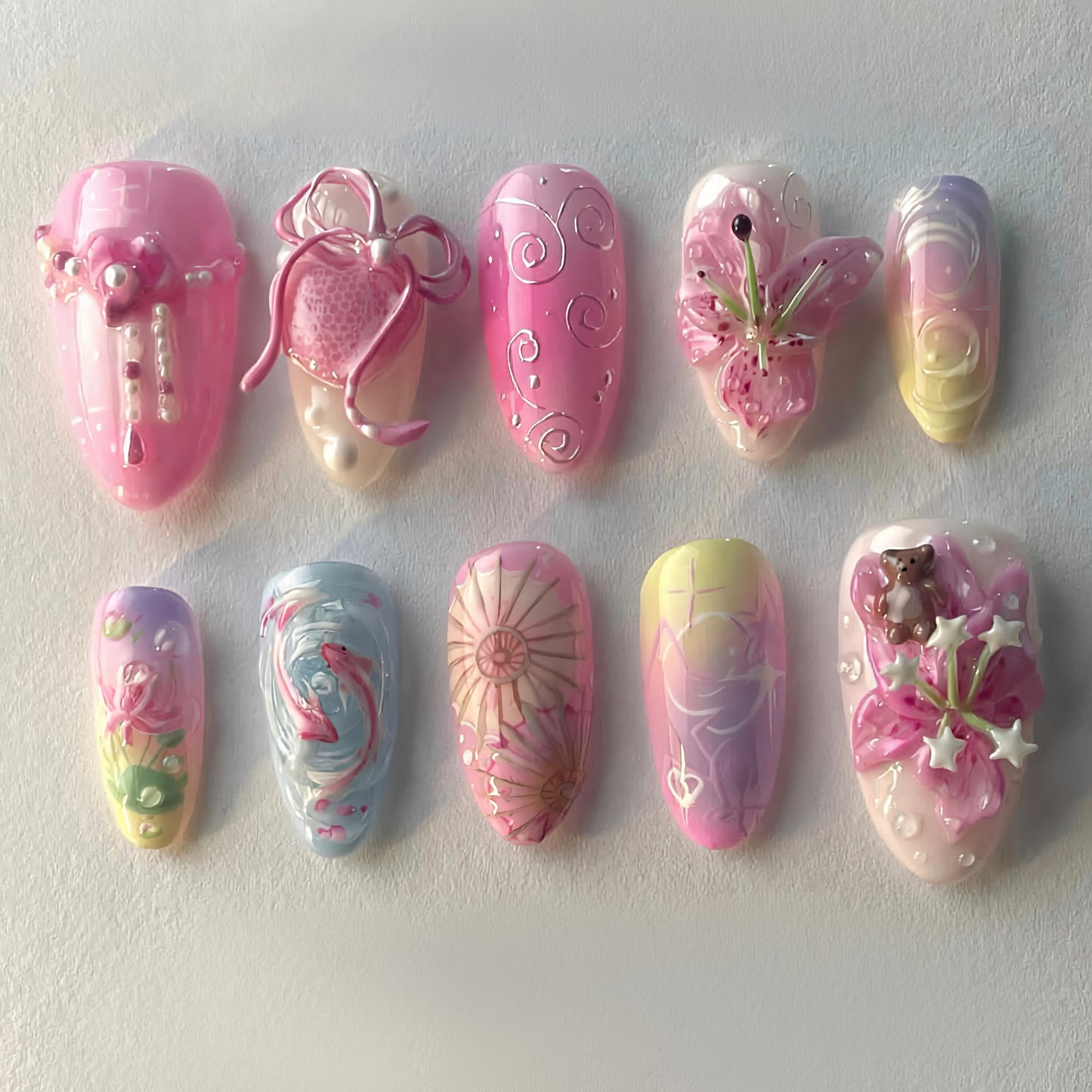 Whimsical Garden Short Almond Pink with Intricate Floral Designs Press On Nail Set