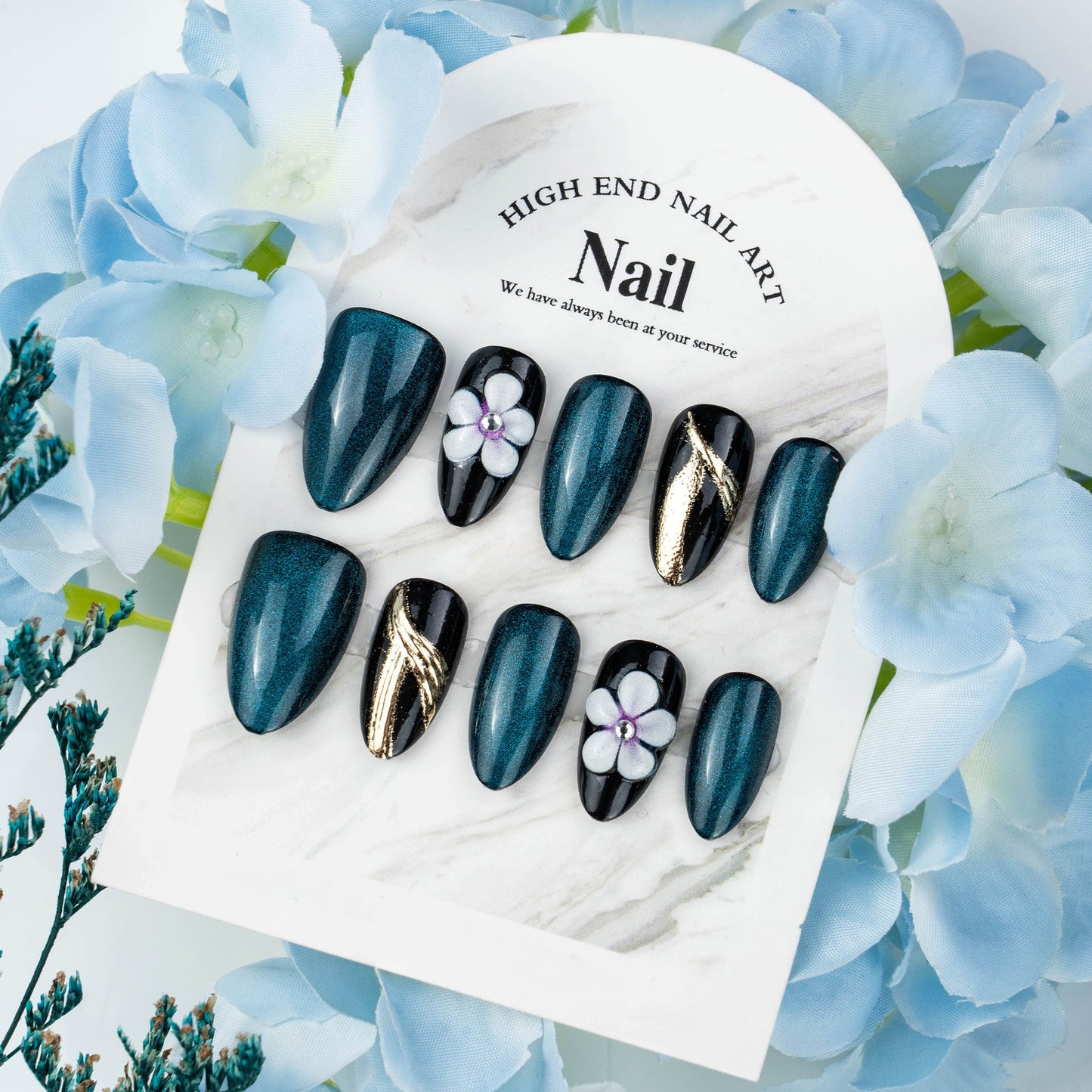 Enchanted Lagoon Short Almond Dark Teal with Floral Artistry and Metallic Accents Press On Nail Set