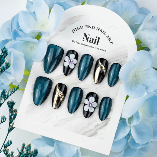 Enchanted Lagoon Short Almond Dark Teal with Floral Artistry and Metallic Accents Press On Nail Set