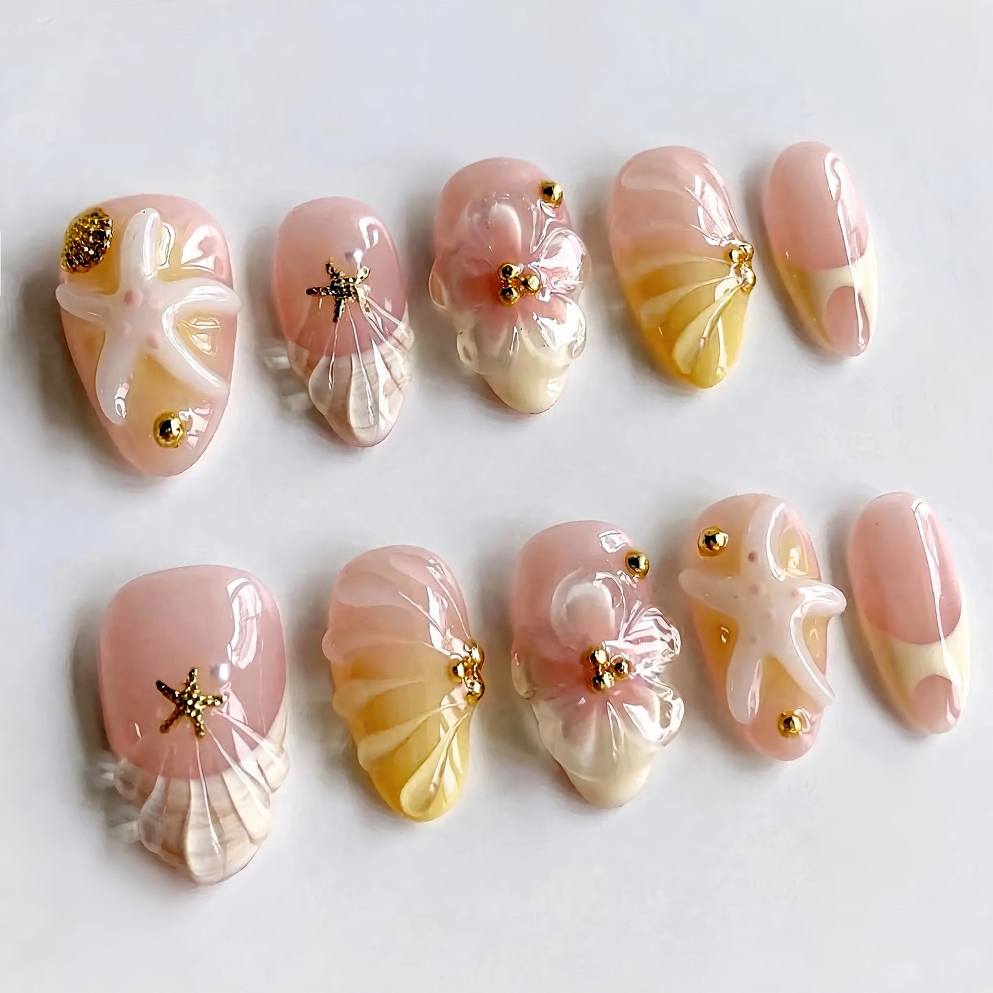 Coastal Bliss Short Almond Pink Shell Design Press On Nail Set