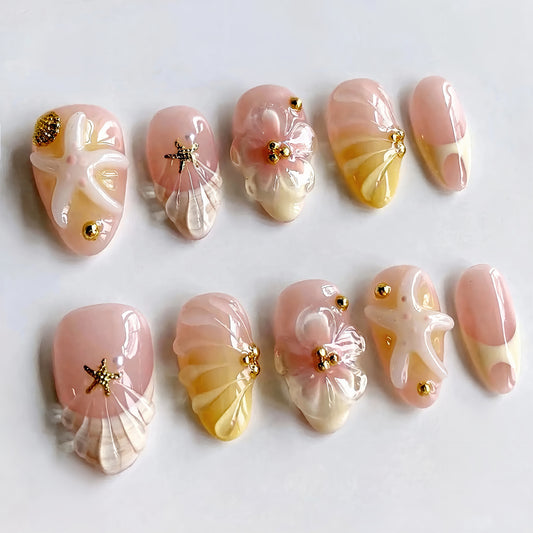 Coastal Bliss Short Almond Pink Shell Design Press On Nail Set