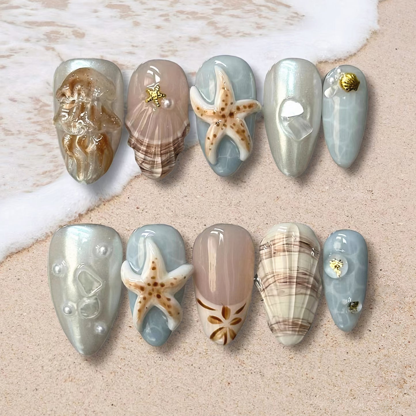 Ocean Breeze Medium Almond Blue with Shell and Starfish Accents Press-On Nail Set
