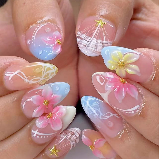 Tropical Bliss Short Almond Pastel Floral Accents Press-On Nail Set