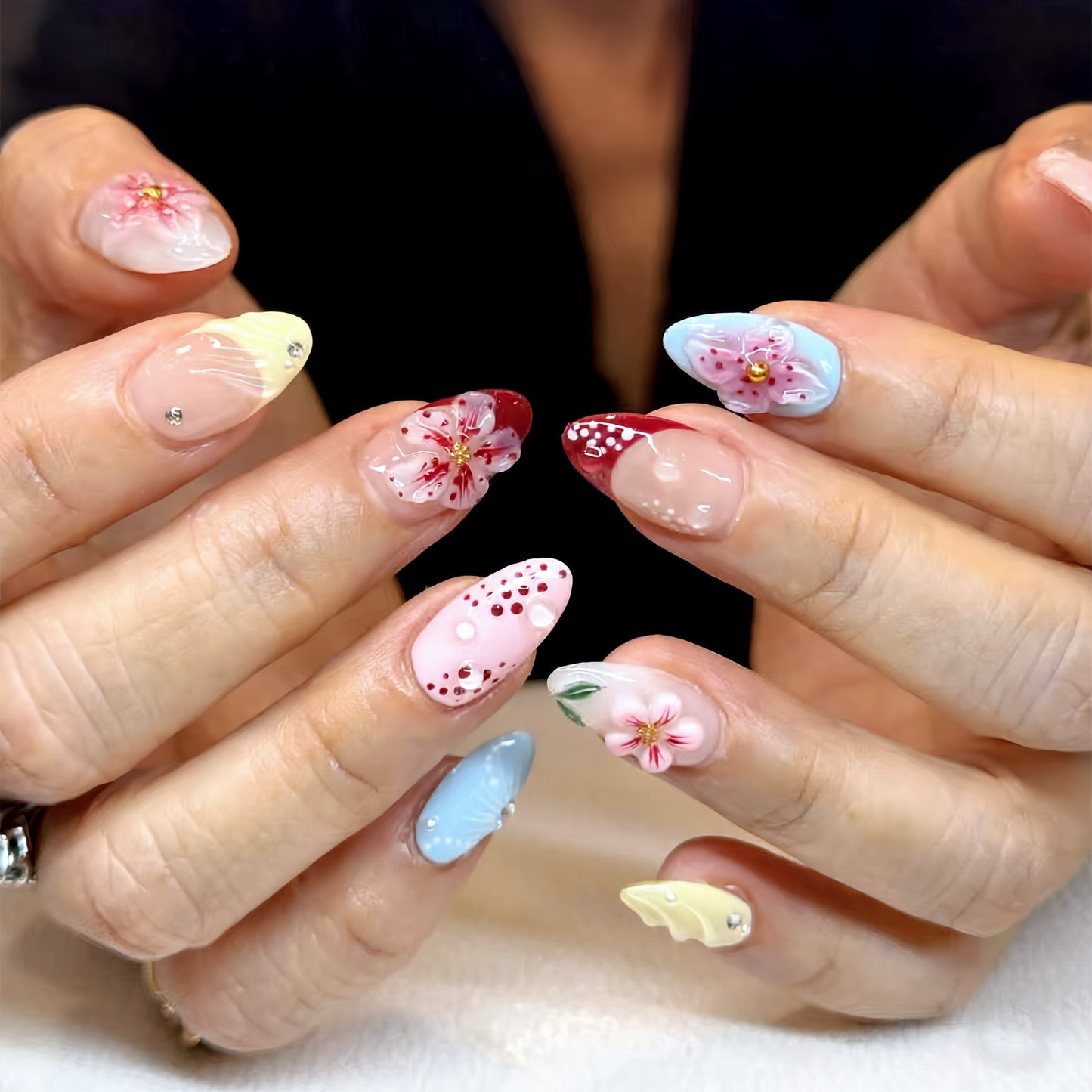 Floral Fantasy Long Almond Rainbow Gem Accent Press on Nail Set