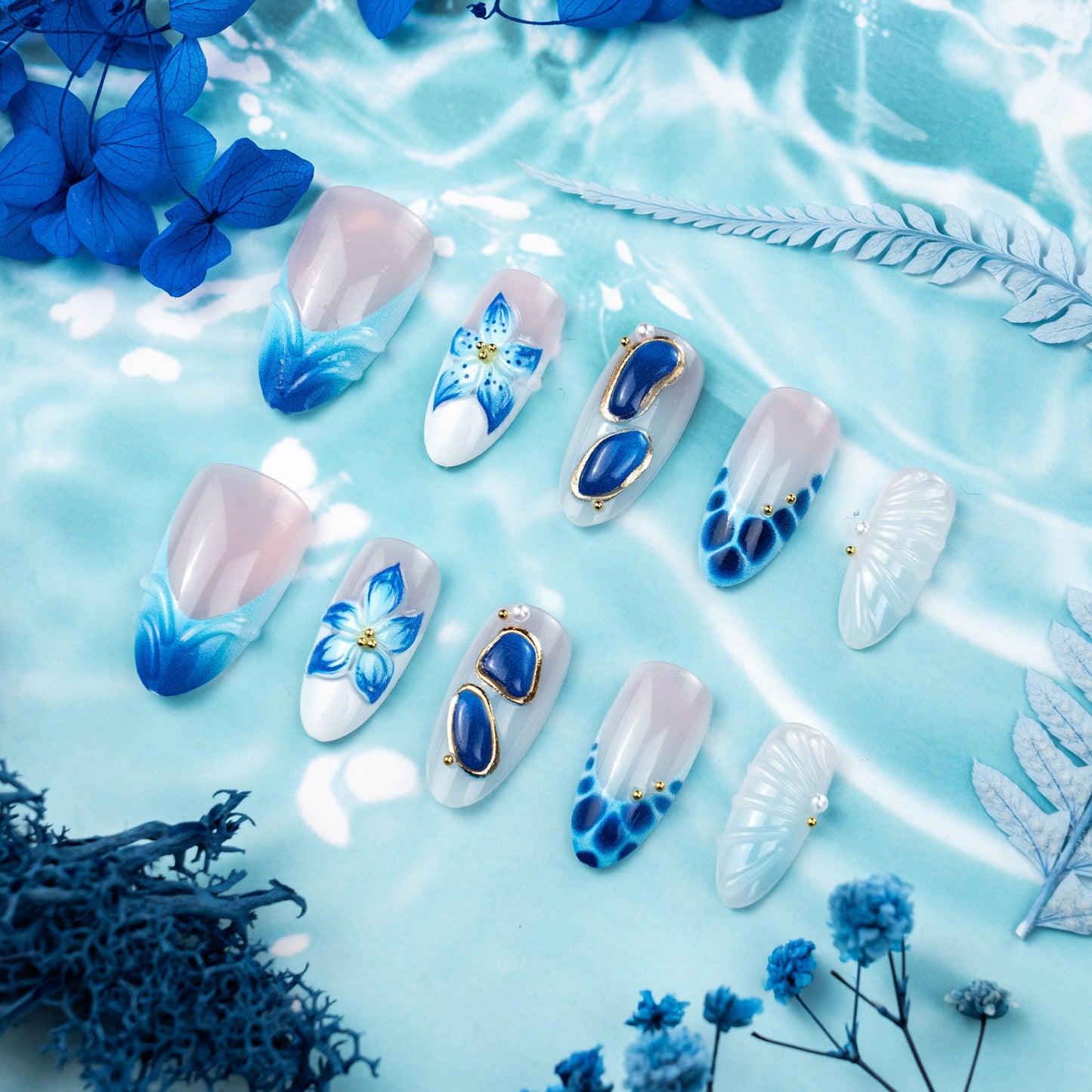 Ocean Bliss Medium Almond Blue Floral Watercolor Design Press-On Nail Set