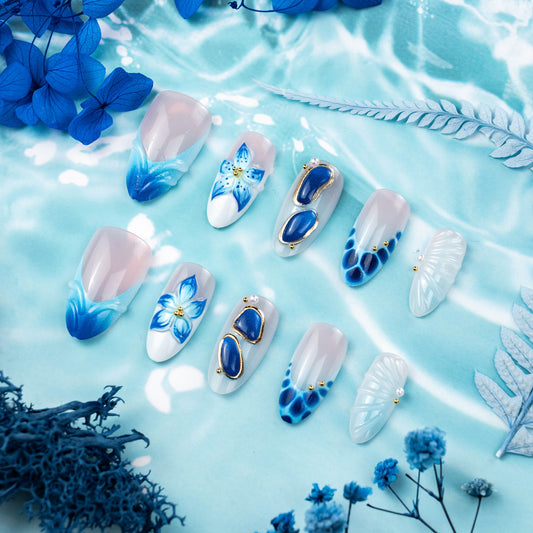 Ocean Bliss Medium Almond Blue Floral Watercolor Design Press-On Nail Set