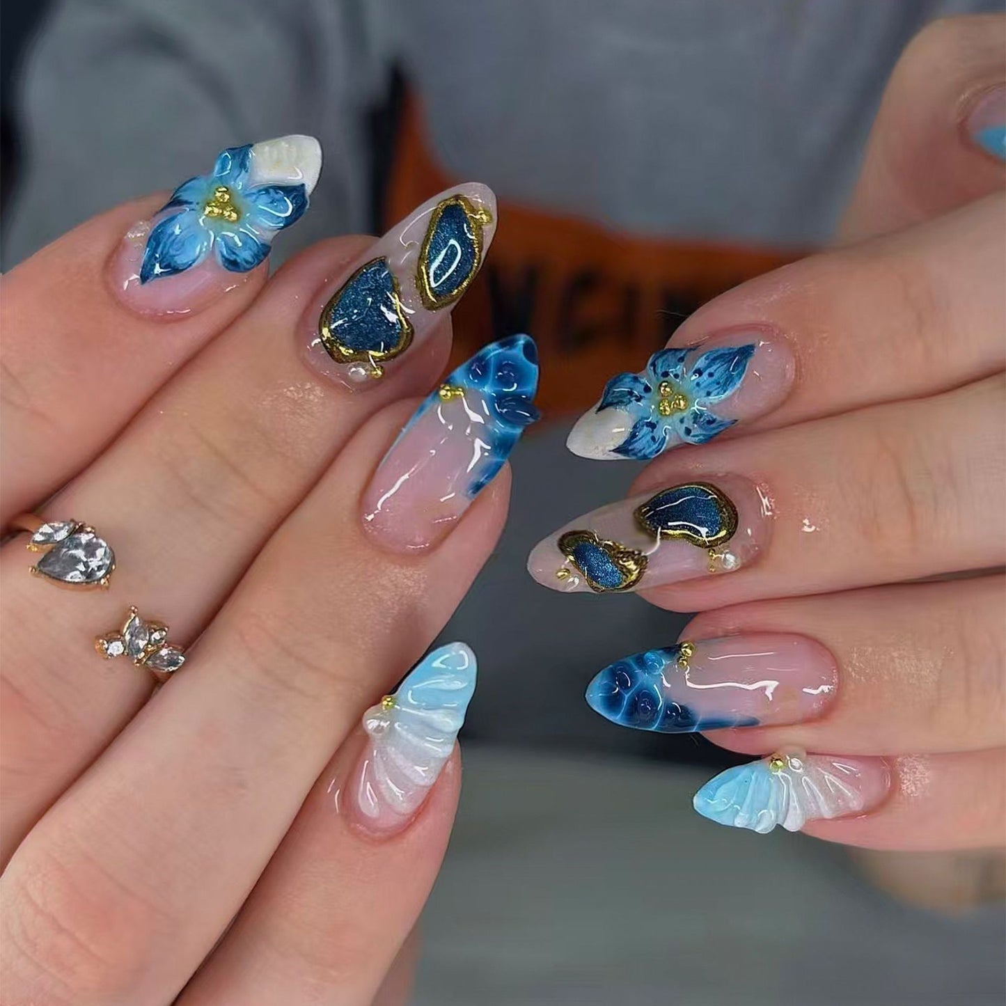 Blossom Dream Long Almond Blue Floral Design Press On Nail Set