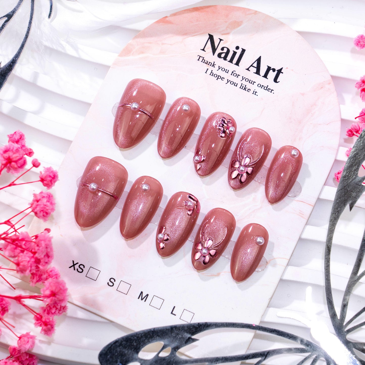 Blossom Charm Medium Almond Rose Pink Press On Nail Set with Floral Accents