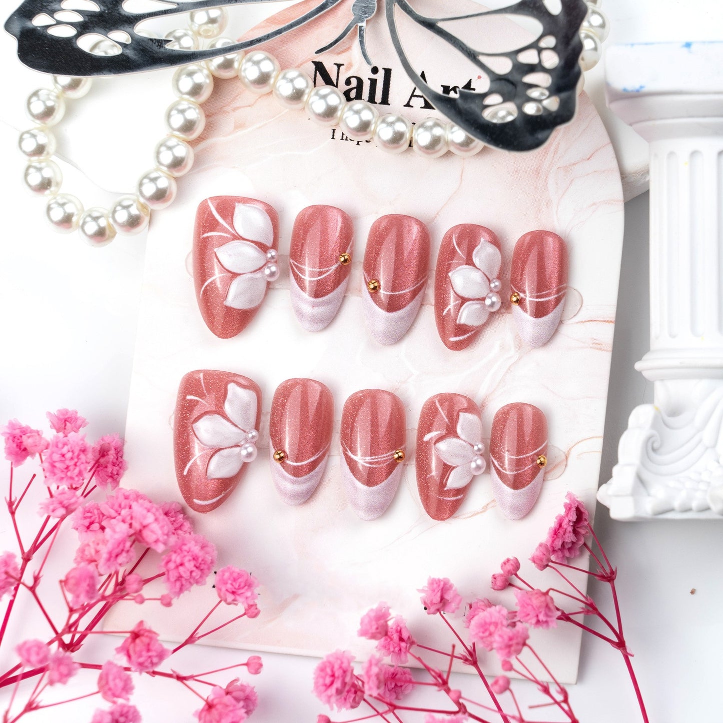 Floral Elegance Long Oval Pink Glitter Press On Nail Set with Embellished Flower Design