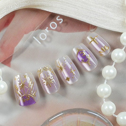 Celestial Elegance Short Square Lavender with Gold Star Accents Press on Nail Set