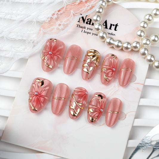 Blossoming Elegance Short Oval Pink with Floral and Gold Accents Press On Nail Set