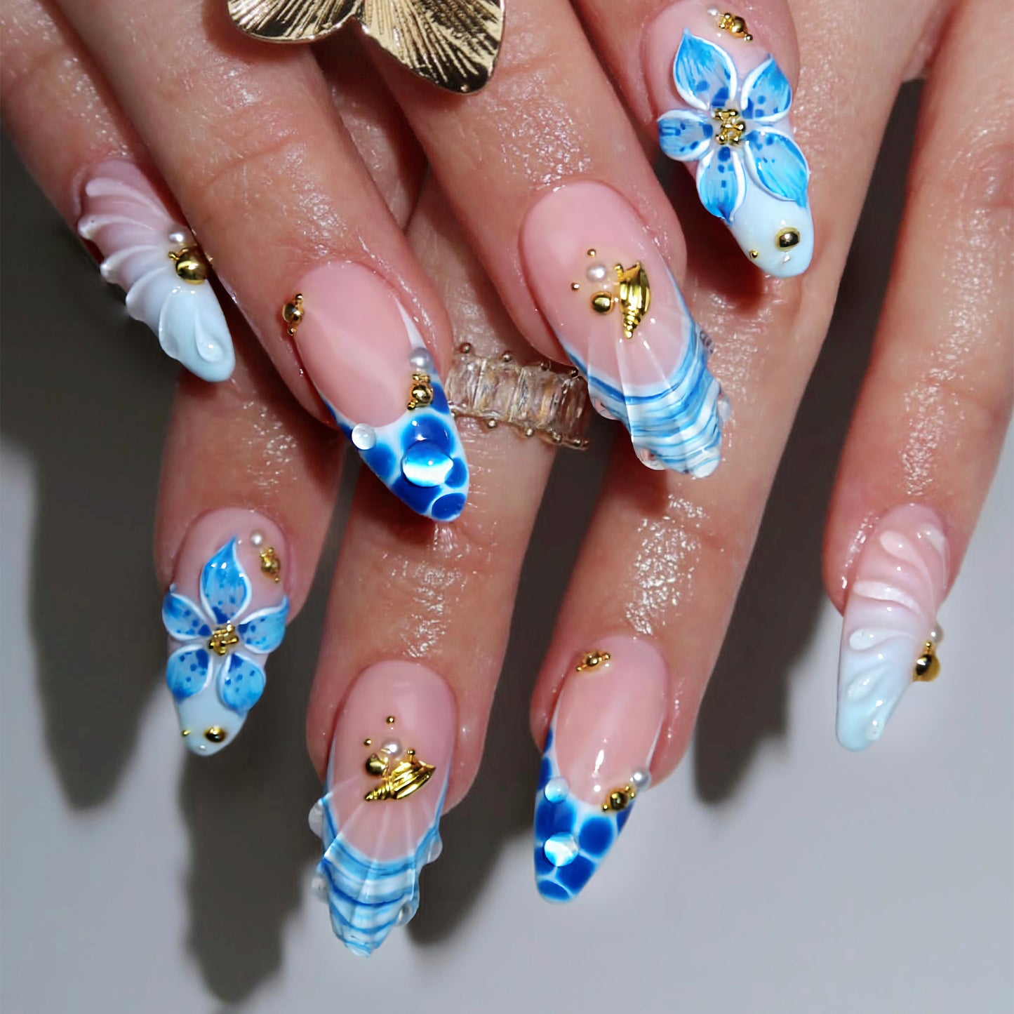 Ocean Breeze Medium Almond Blue Floral Nail Art Set