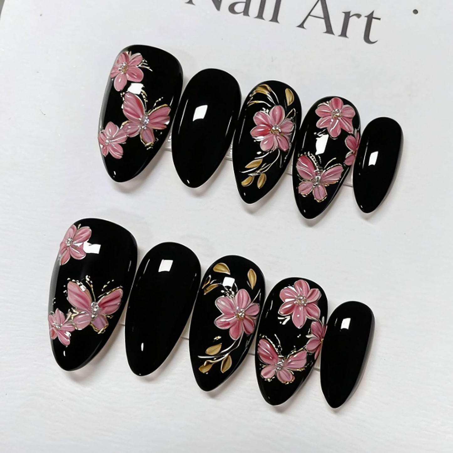 Whimsical Floral Design Medium Almond Black with Pink Butterfly and Flower Accents Press On Nail Set