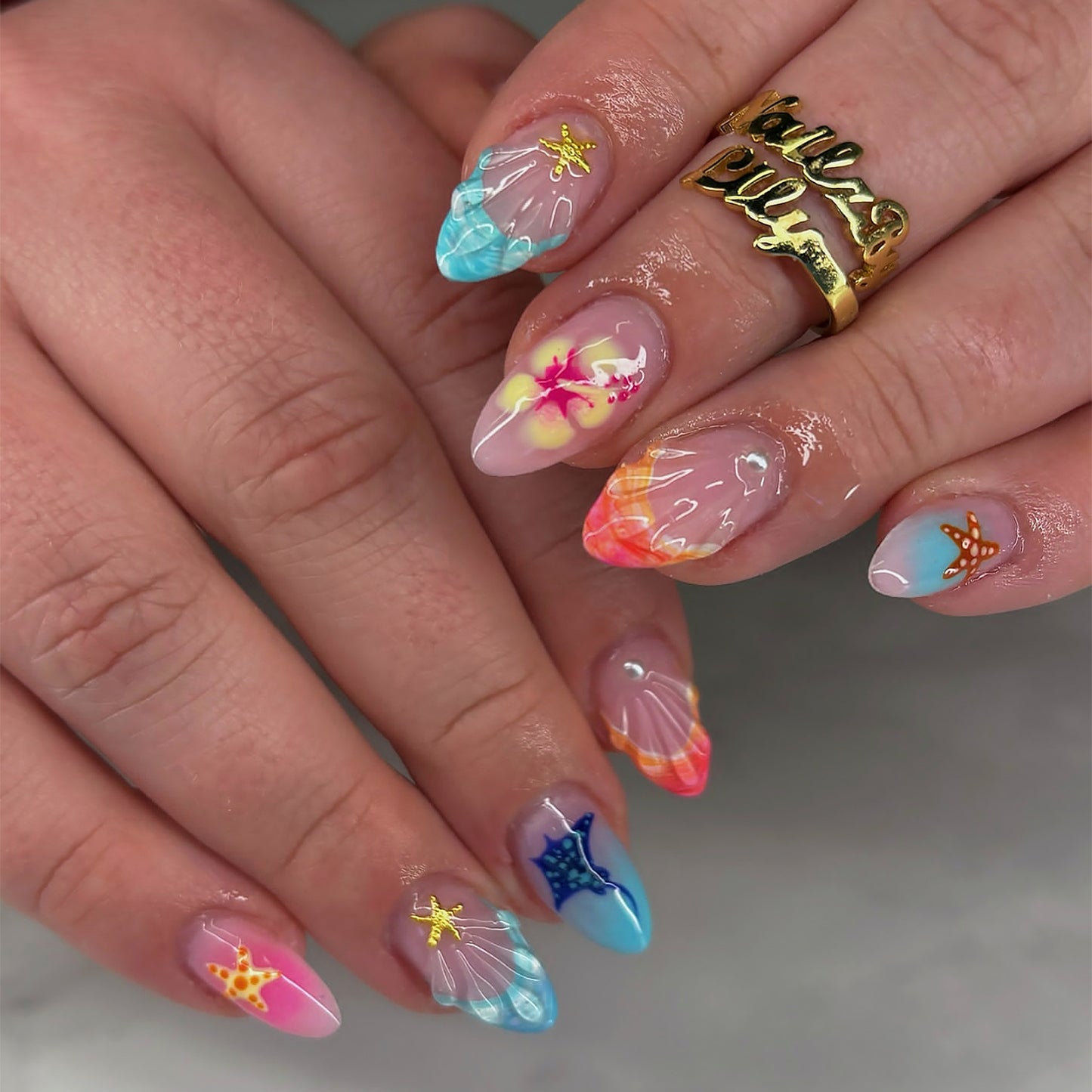 Tropical Ocean Vibes Medium Almond Multi-Colored Ombre Nail Set