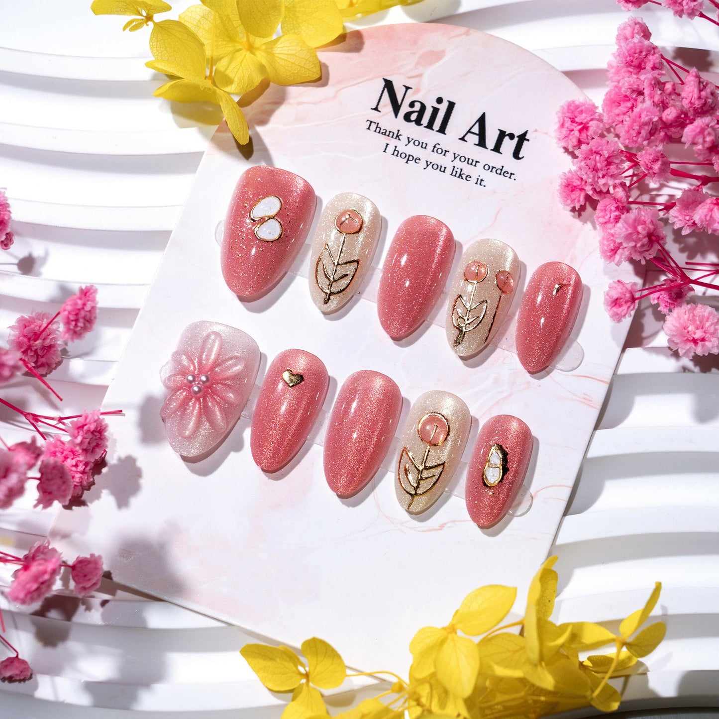 Floral Elegance Medium Almond Blush Pink with Charming Floral Accents