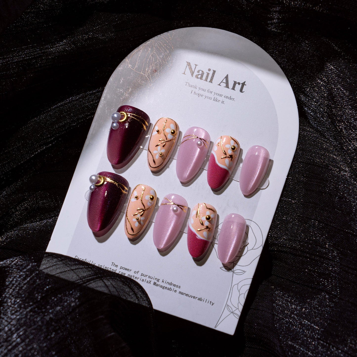 Elegant Nightfall Medium Almond Burgundy and Pink with Pearl Accents Press on Nail Set
