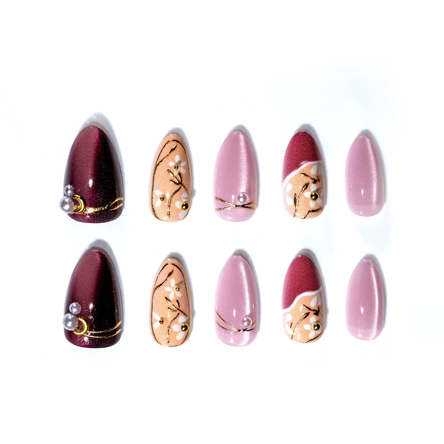 Elegant Floral Design Medium Almond Pink and Burgundy with Pearl Accents Press On Nail Set