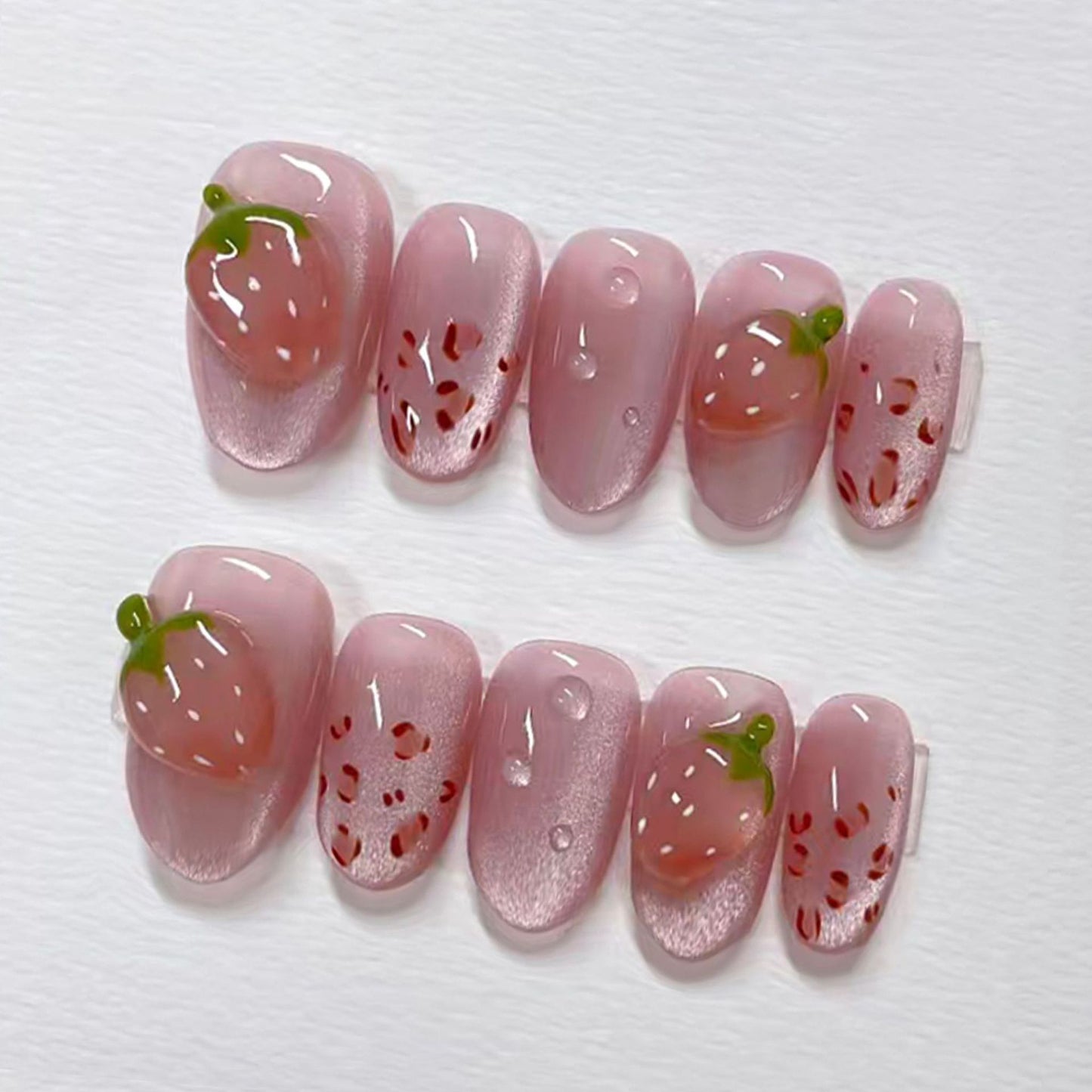 Sweet Strawberry Delight Short Oval Pink Glossy Press On Nail Set