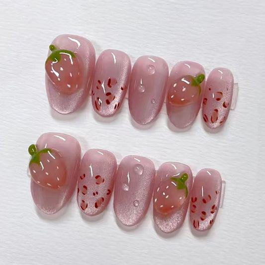 Sweet Strawberry Delight Short Oval Pink Glossy Press On Nail Set