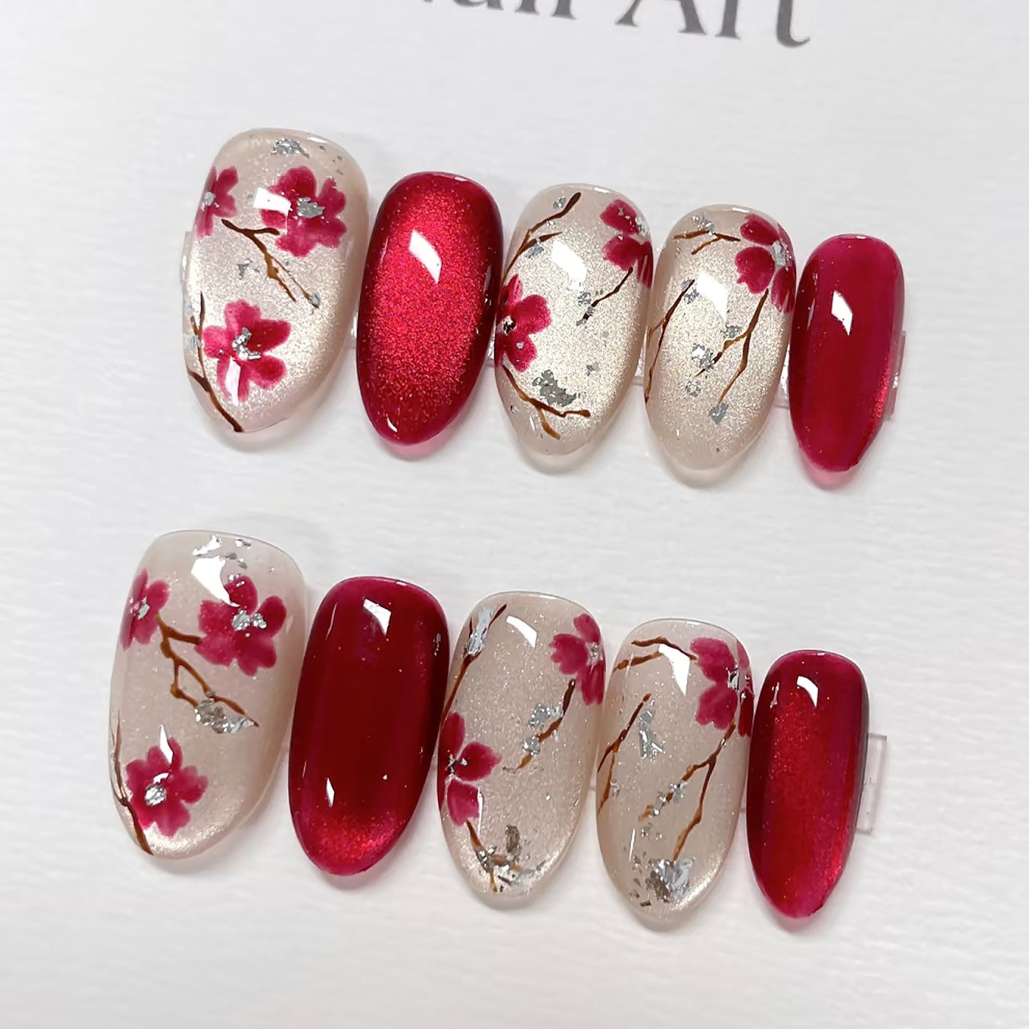 Blossom Elegance Short Round Red Glamour Press On Nail Set