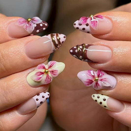 Whimsical Floral Design Medium Almond Pink and Brown with Gold Accents Press on Nail Set