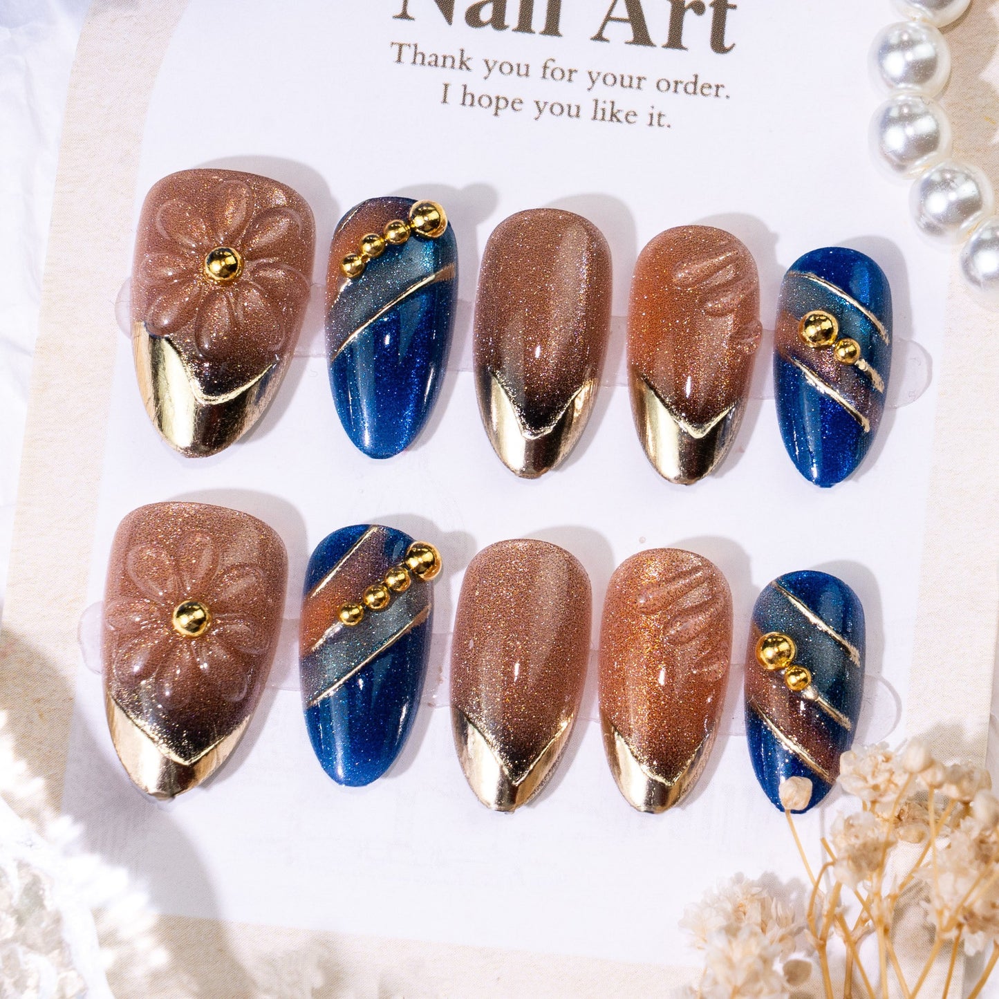 Glamorous Elegance Medium Almond Blue and Brown Glitter with Unique Floral Accents Press On Nail Set