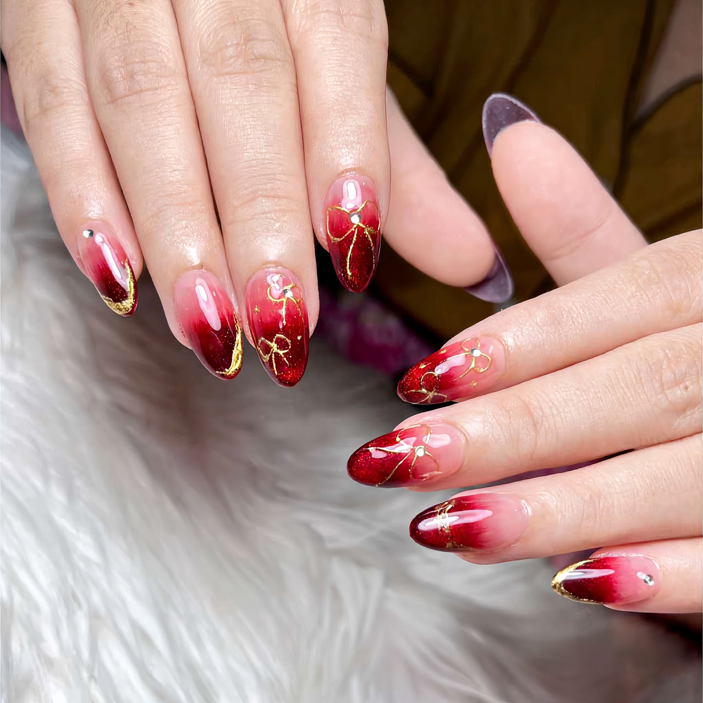 Glamorous Elegance Medium Almond Red Ombre with Gold Floral Accents Press-On Nail Set