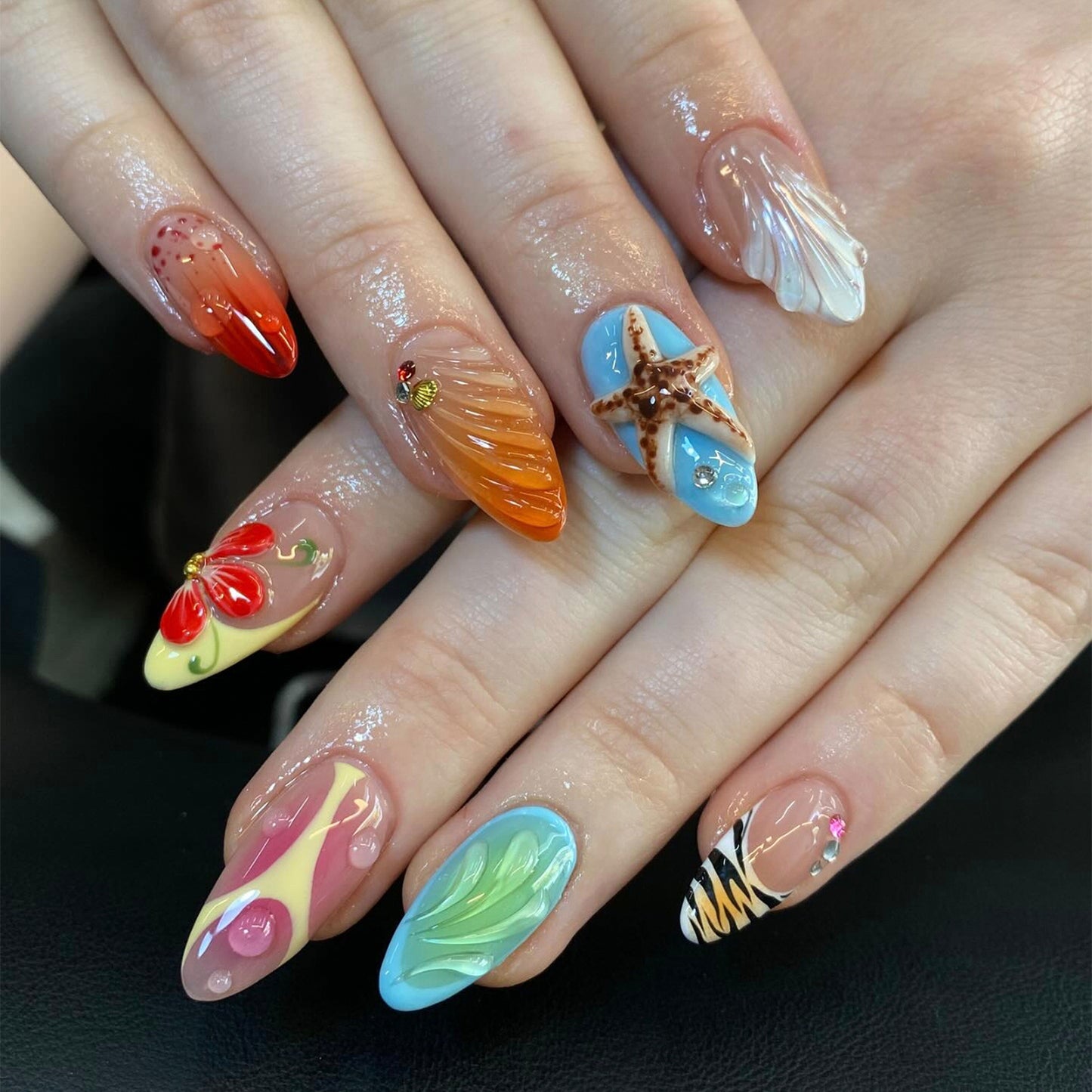 Tropical Ocean Vibes Medium Almond Multicolored with Glittering Sea Elements Press On Nail Set